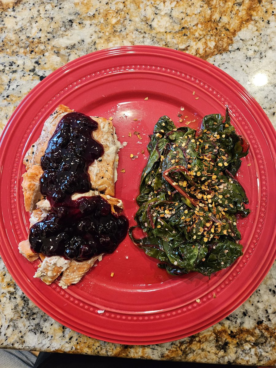 Coho salmon with huckleberry reduction and red chard. Tomorrow is set for buffalo flank steak and new potatoes.