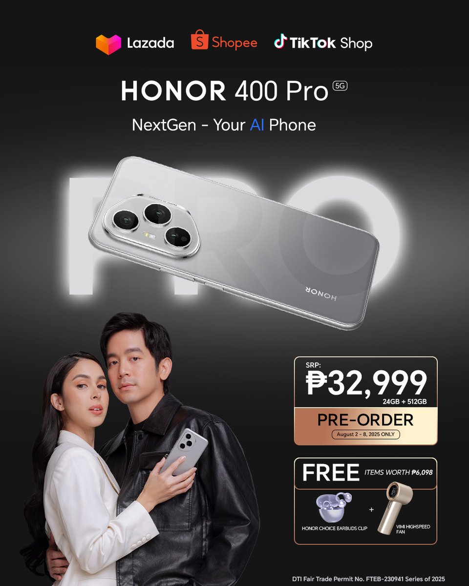 No need to leave the house! The #HONOR400Pro5G is now available online via Shopee, TikTok, and Lazada!

✨ Pre-order for only ₱32,999!
✨ Get FREE VIMI High-Speed Fan + HONOR Choice Earbuds Clip.
📅 This runs from August 2–8, 2025 only!

Add to cart now and experience the power