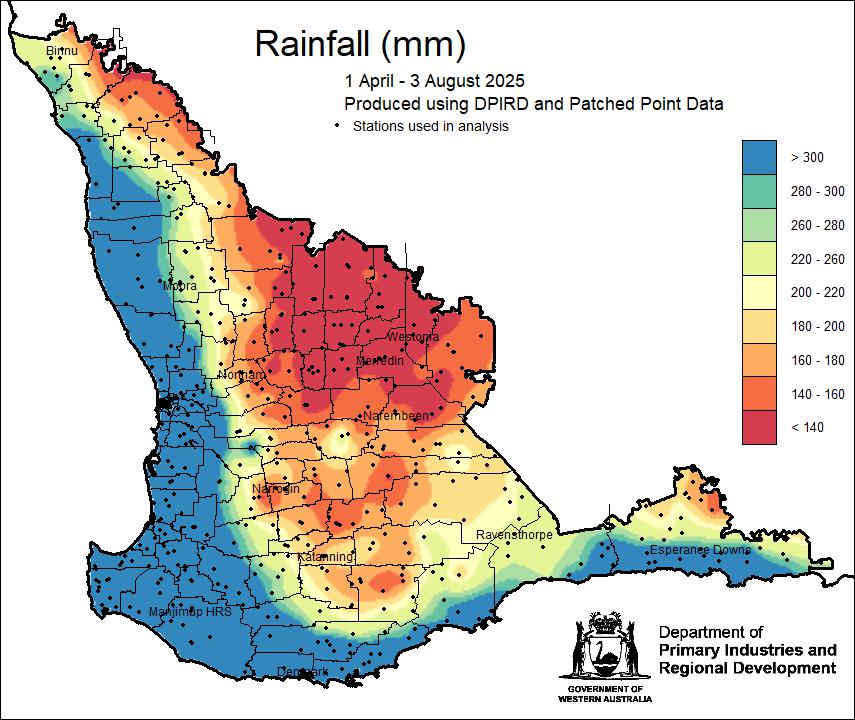 MeredithGuthr15's tweet photo. Latest @DPIRDbroadacre rainfall 1 April - 3 August and soilwater maps. Bonnie Rock 87 mm, Margaret River 909 mm. 3 decile 1 locations Nungarin, Williams and Narrogin. Soil water good, except for the central grainbelt. #climate https://t.co/gkgY0T9py2