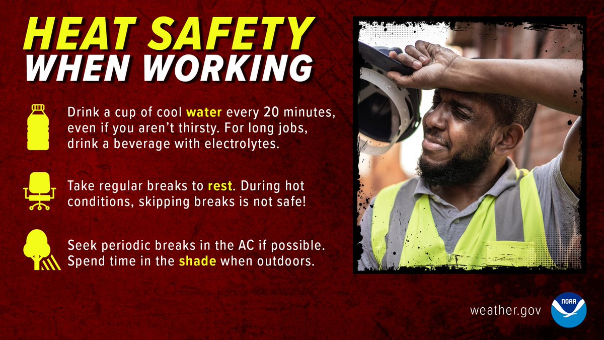 On the job site, drink a cup of cool water every 20 min, even if you aren't thirsty. For long jobs, drink plenty of electrolytes. During hot conditions, skipping breaks is not safe! Seek periodic breaks in the AC if possible &amp; spend time in the shade when outdoors. #HeatSafety