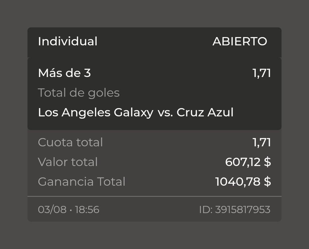 MIKLO APP (@mikloapp) on Twitter photo 💥 Los Angeles Galaxy vs. Cruz Azul
⚽️ Más de 3 Goles
🧠 Análisis, valor y confianza en esta jugada
📍 Momio 1.71
¡Vamos con todo por otro verde! 💚
Apuesta con <a href="/Micasinocom/">MiCasino.com | Apuestas deportivas</a>
👉 Regístrate aquí: micasino.com/?pc=MIKLO
🎁 Te duplicamos tu primer depósito
Apuesta en Fútbol ⚽, 💥 Los Angeles Galaxy vs. Cruz Azul
⚽️ Más de 3 Goles
🧠 Análisis, valor y confianza en esta jugada
📍 Momio 1.71
¡Vamos con todo por otro verde! 💚
Apuesta con <a href="/Micasinocom/">MiCasino.com | Apuestas deportivas</a>
👉 Regístrate aquí: micasino.com/?pc=MIKLO
🎁 Te duplicamos tu primer depósito
Apuesta en Fútbol ⚽,