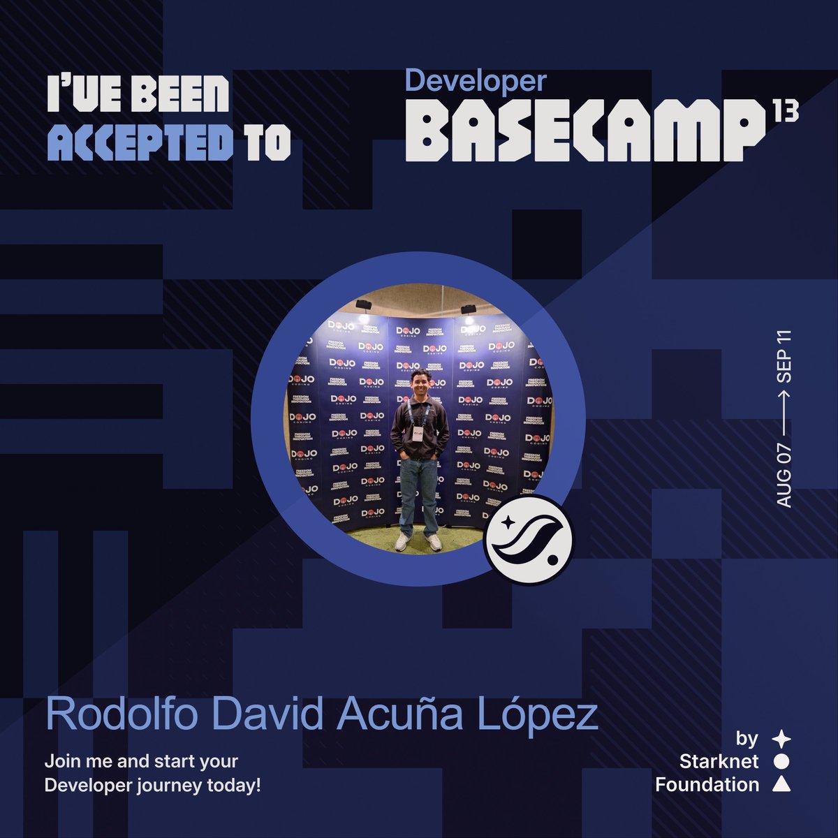 David Acuña L.🎯 (@davidacunalopez) on Twitter photo 🚀 I’ve been accepted to the Starknet Developer Basecamp 13!
From Aug 7 to Sep 11, I’ll be building with Cairo on Starknet 🛠️
Excited to keep growing in the Web3 space!
Thanks to <a href="/StarknetFndn/">Starknet Foundation</a>
#Basecamp13 #Starknet #CairoLang #Web3 🚀 I’ve been accepted to the Starknet Developer Basecamp 13!
From Aug 7 to Sep 11, I’ll be building with Cairo on Starknet 🛠️
Excited to keep growing in the Web3 space!
Thanks to <a href="/StarknetFndn/">Starknet Foundation</a>
#Basecamp13 #Starknet #CairoLang #Web3