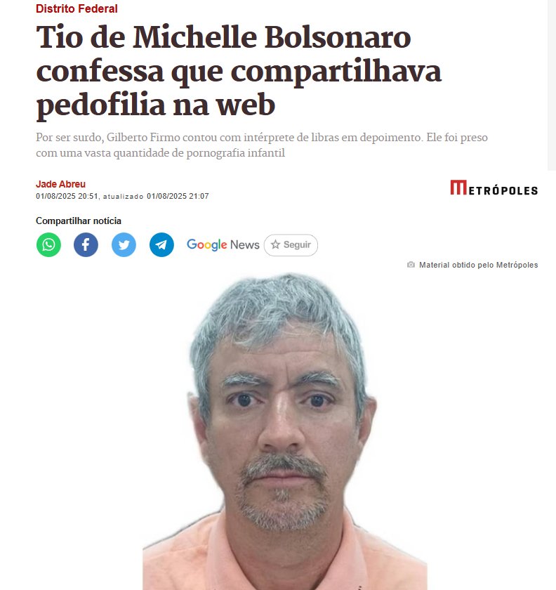 Misericórdia, a família de Michelle Bolsonaro passeia por todo o código penal brasileiro:
Estupro, pedofilia, tráfico de drogas, estelionato, golpe de estado, organização criminosa e por aí vai 😂😂