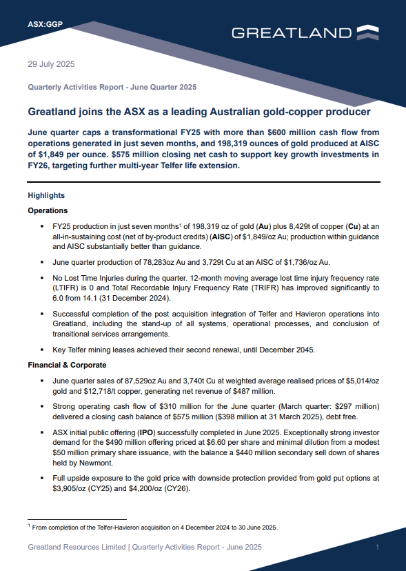 Greatland completes a transformational FY25 with strong gold-copper production, $575M cash, no debt &amp; a clear growth plan.

Read the Quarterly here: bit.ly/412l7Hx
$GGP.L #GPP
