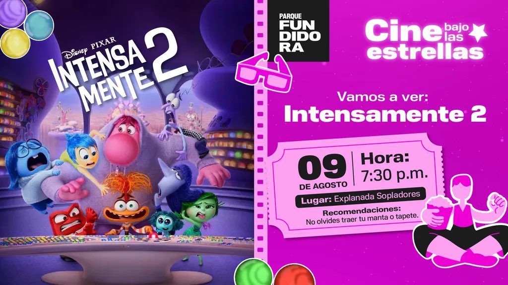 ¡Alegría en Parque Fundidora! 😃🌳

Vive la función de Cine Bajo las Estrellas, veremos INTENSAMENTE 2 🙌🏻🤩

¡Te esperamos! 🤗