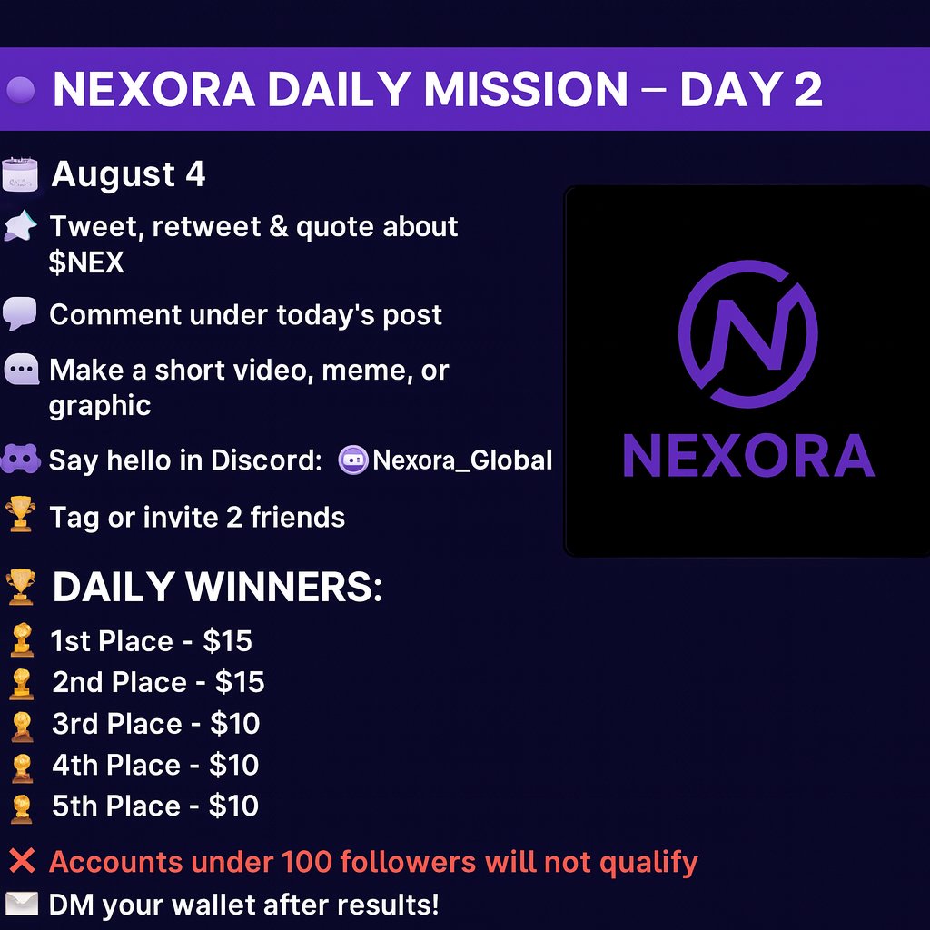 @NexoraCoin (@nexoracoin26112) on Twitter photo 🚨 NEXORA DAILY MISSION – DAY 2
📅 August 4 | 💰 Reward Pool: $60 in $NEX
Complete all 5 tasks below to qualify ⬇️
1️⃣ Tweet, retweet & quote about $NEX
2️⃣ Comment under today’s post
3️⃣ Make a short video, meme, or graphic
4️⃣ Say hello in Discord: @Nexora_Global
5️⃣ Tag or invite 🚨 NEXORA DAILY MISSION – DAY 2
📅 August 4 | 💰 Reward Pool: $60 in $NEX
Complete all 5 tasks below to qualify ⬇️
1️⃣ Tweet, retweet & quote about $NEX
2️⃣ Comment under today’s post
3️⃣ Make a short video, meme, or graphic
4️⃣ Say hello in Discord: @Nexora_Global
5️⃣ Tag or invite