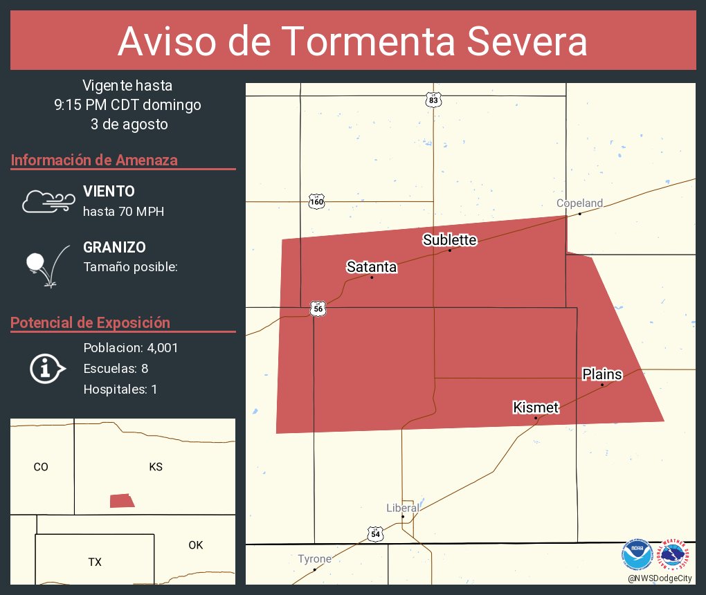 Aviso de Tormenta Severa continúa Sublette KS, Plains KS, Satanta KS hasta las 9:15 PM CDT. ¡Esta tormenta contiene ráfagas de vientos de 70 MPH y granizo del tamaño
