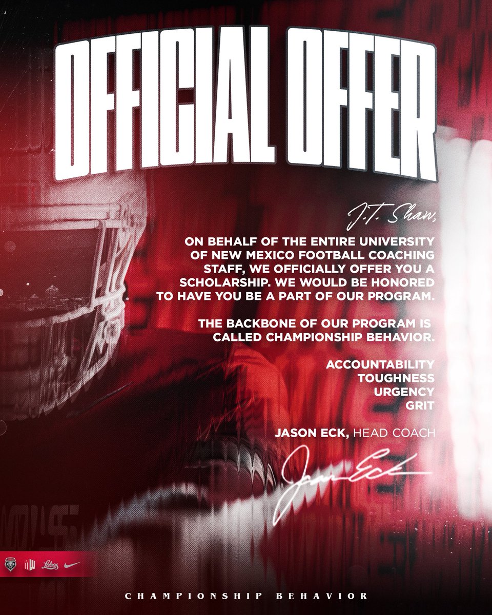 Joshua “JT” Shaw (@joshuatshaw15) on Twitter photo Thank you Jesus.
Blessed and Honored! <a href="/UNMLoboFB/">New Mexico Football</a> 🐺
<a href="/LoniFangupo/">Coach Hebron (Loni) Fangupo</a> <a href="/Coach_CBooth/">Cody Booth</a> Thank you Jesus.
Blessed and Honored! <a href="/UNMLoboFB/">New Mexico Football</a> 🐺
<a href="/LoniFangupo/">Coach Hebron (Loni) Fangupo</a> <a href="/Coach_CBooth/">Cody Booth</a>