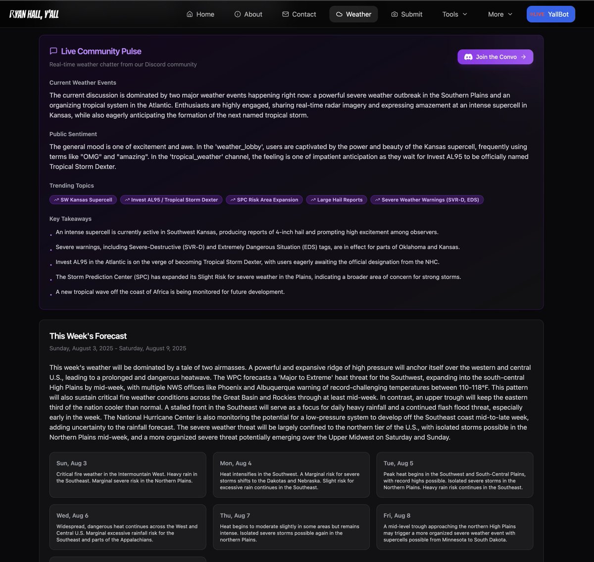 Pretty soon I'll be releasing all these tools I've been working on like the Weather Intensity Score on a public, FREE website. 

The coolest part is this 'Current Situation' page that gives you the most up-to-date overview of the current weather situation you could possibly get -