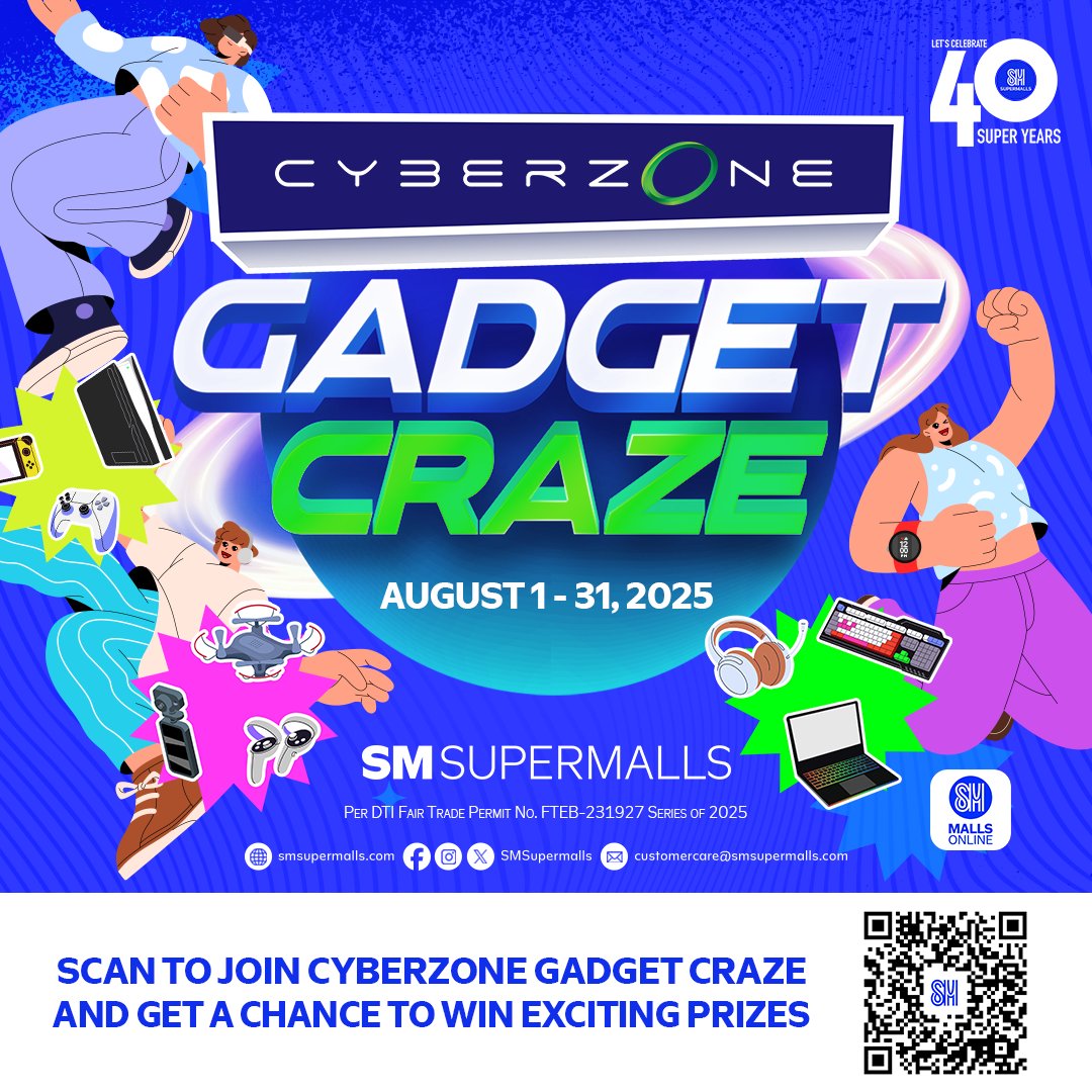 Celebrate #TechFairAtSM with the #CyberzoneGadgetCraze! 🛍️ Spend ₱1,000 for a chance to win one of 40 SUPER-tech prizes! 🎉 Don’t miss it—join now 👉 bit.ly/cyberzone-gadg…