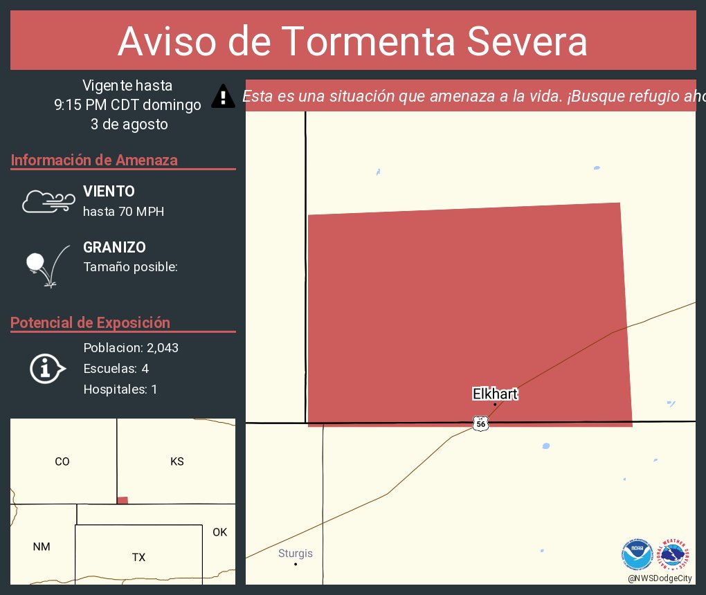 Aviso de Tormenta Severa continúa Elkhart KS hasta las 9:15 PM CDT. ¡Esta tormenta destructiva contiene granizo del tamaño