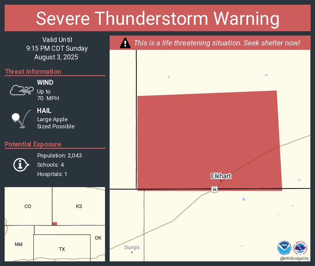 Severe Thunderstorm Warning continues for Elkhart KS until 9:15 PM CDT. This destructive storm will contain large apple sized hail!