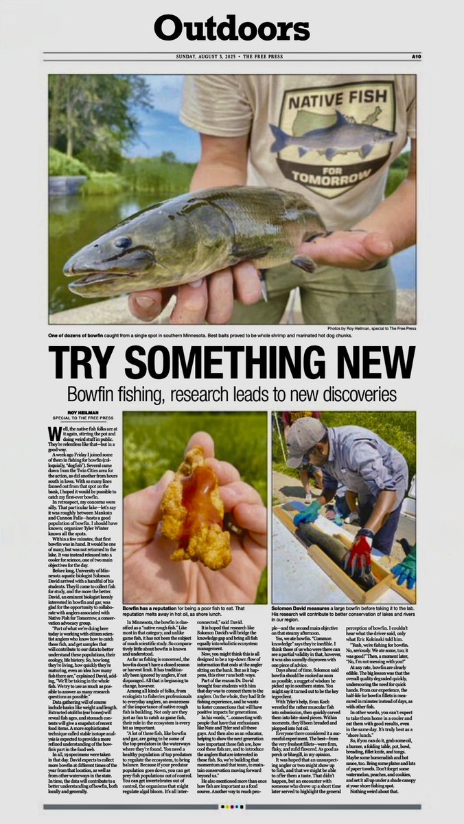 Here’s the bowfin article in print! 
Thanks Roy Heilman of the Mankato Free Press for the story on these underappreciated native fish!