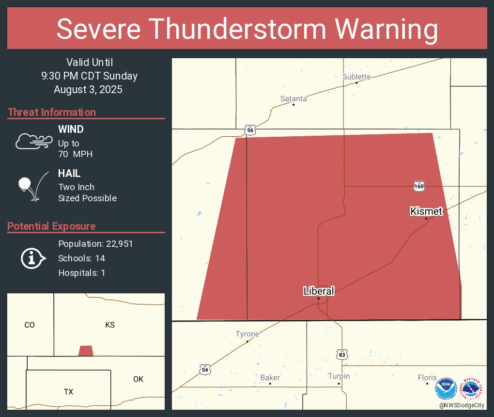 Severe Thunderstorm Warning including Liberal KS and  Kismet KS until 9:30 PM CDT. This storm will contain wind gusts to 70 MPH and two inch sized hail!