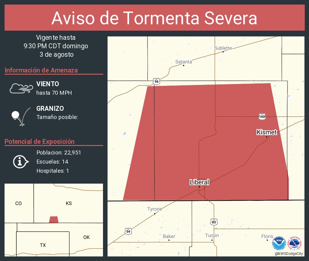 Aviso de Tormenta Severa incluye Liberal KS, Kismet KS hasta las 9:30 PM CDT. ¡Esta tormenta contiene ráfagas de vientos de 70 MPH y granizo del tamaño