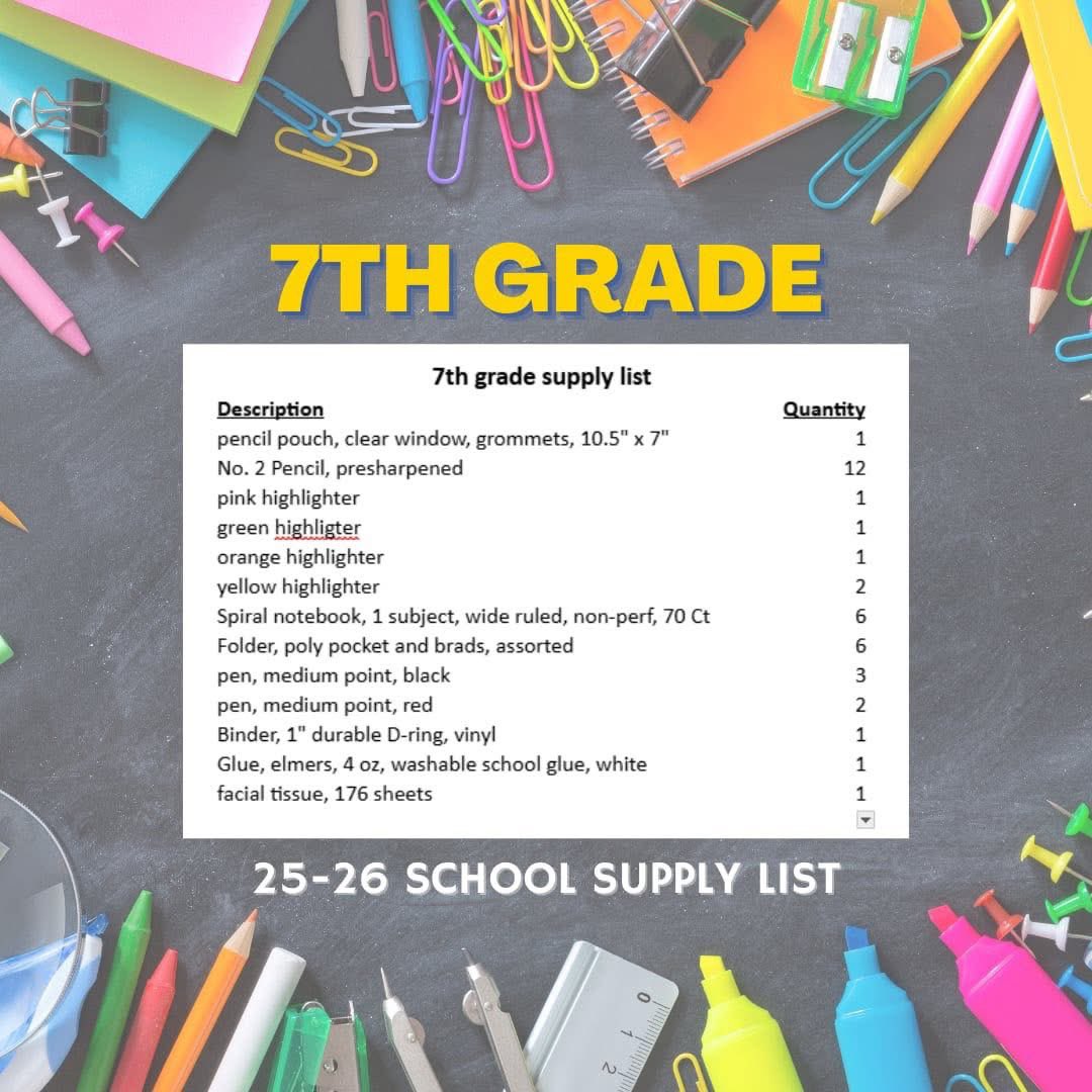 Get a head start on the 25–26 school year with your grade-level supply list now available! 

*If you pre-purchased, supply pick up will be available at schedule pickup/walkthrough on 8/11!* 
¡Prepárense para el año escolar 25–26 con su lista de útiles escolares por grado!
