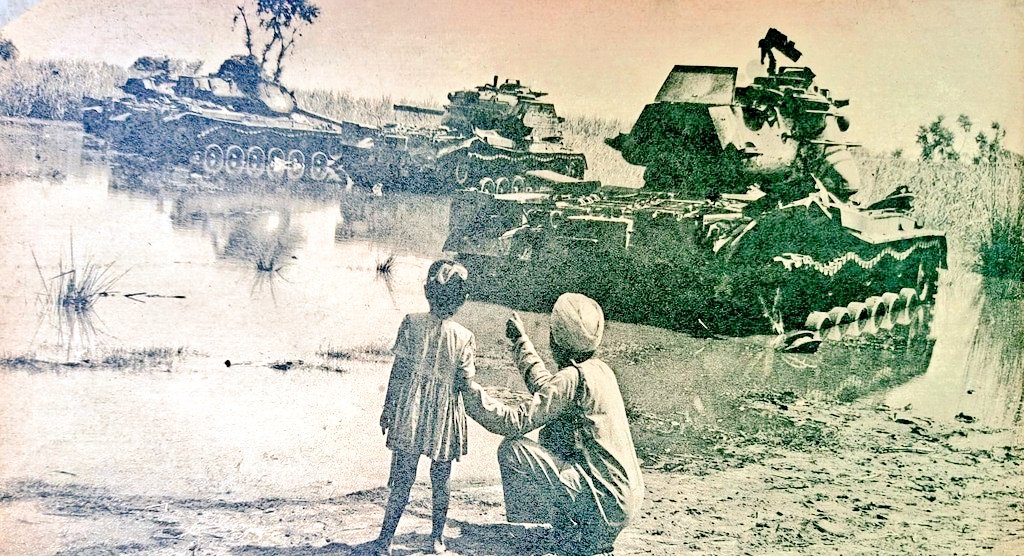 1965 :: Man Showing His Daughter USA Made  Pakistani Patton Tanks Which Were Destroyed by Indian Army In Battle of Asal Uttar In Khemkaran , Punjab