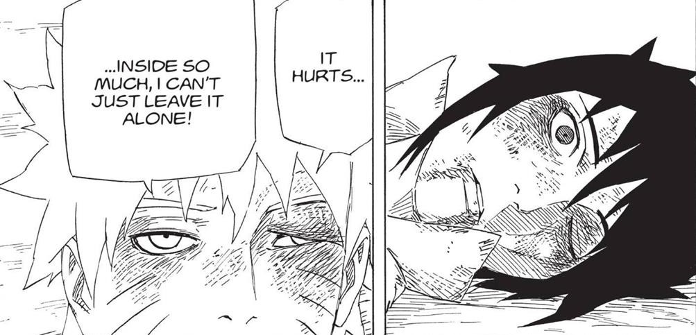 That’s why Naruto describing what he feels for Sasuke as “hurt” is the thing that gets Sasuke to accept him in the end. I feel pain when I love, so if you feel pain for me, then you must love me.