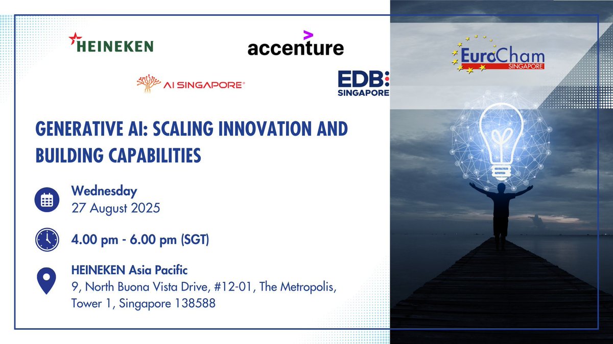 #EuroChamSG is organising an event: "Generative AI: Scaling Innovation and Building Capabilities", which will be held on Wednesday 27 August 2025, at 4:00 pm at HEINEKEN Asia Pacific. Register here: eurocham.org.sg/event/generati…
