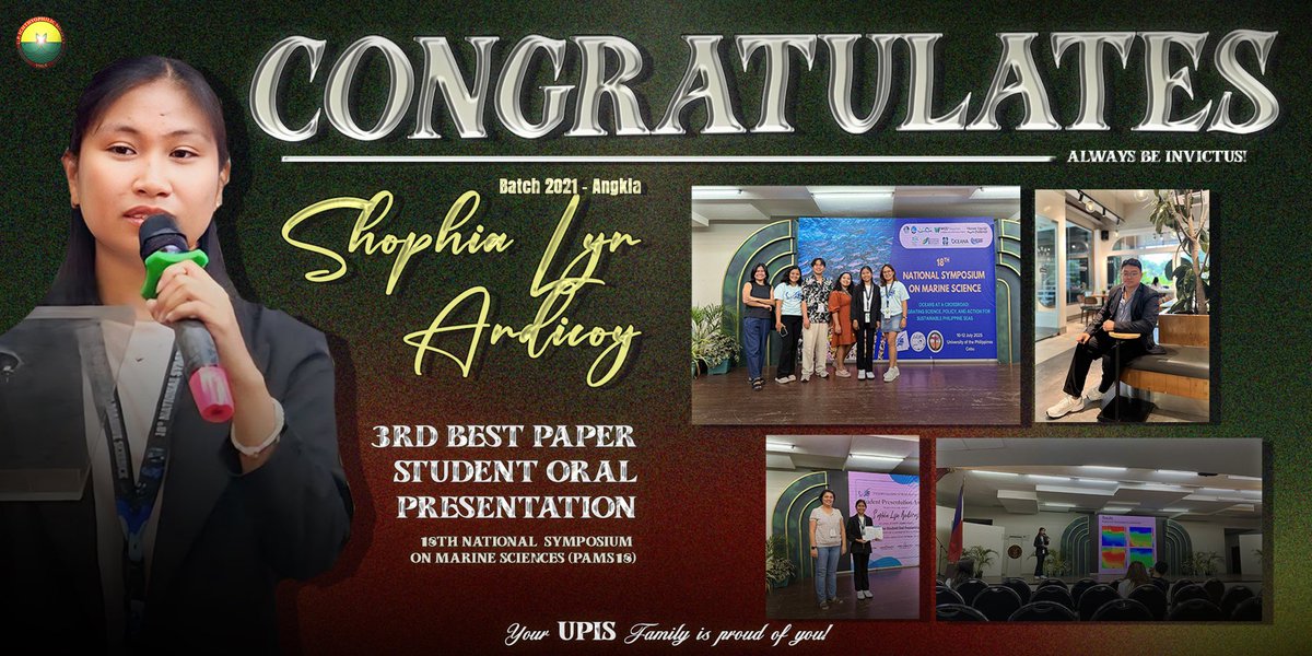 ichthyophilic's tweet photo. The  𝐔𝐏 𝐈𝐜𝐡𝐭𝐡𝐲𝐨𝐩𝐡𝐢𝐥𝐢𝐜 𝐒𝐨𝐜𝐢𝐞𝐭𝐲 (𝐔𝐏𝐈𝐒) proudly honors its alumni who participated in the 18th National Symposium on Marine Science (PAMS18).

𝑨𝒍𝒘𝒂𝒚𝒔 𝒃𝒆 𝑰𝑵𝑽𝑰𝑪𝑻𝑼𝑺!💚💛 https://t.co/UW3KsCOxQd