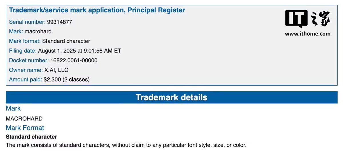 据美国专利商标局网站，马斯克旗下人工智能公司 xAI 已于 8 月 1 日 为“Macrohard”（巨硬）商标提交了商标申请，商标持有者为 xAI LLC。

你要说这不是嘲讽微软我是不信的！