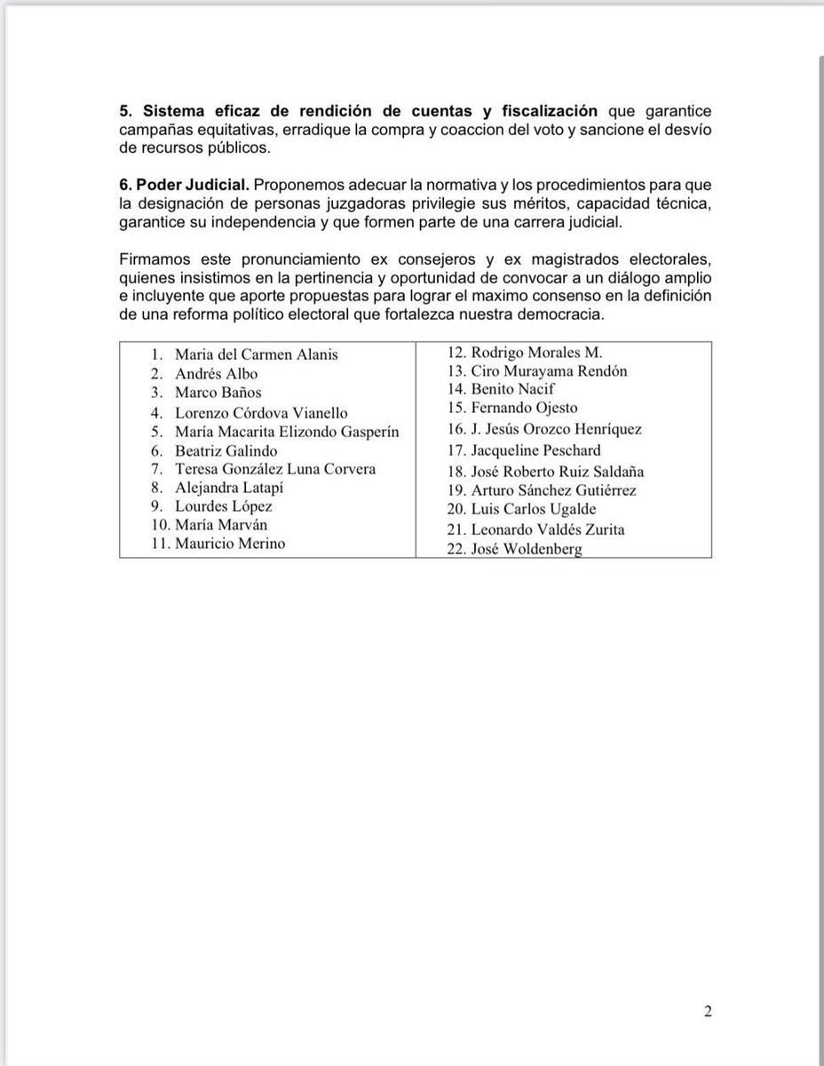 #ReformaElectoral Ex consejeros electorales y especialistas en la materia, piden en esta carta “diálogo y consenso” para lograr integridad en las futuras elecciones, tras la creación de la Comisión Presidencial de la Reforma Electoral