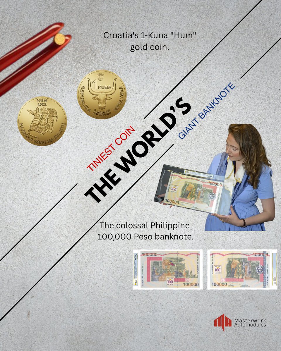 MAutomodules's tweet image. The World&apos;s Tiniest Coin &amp;amp; Giant Banknote
Did you know Croatia’s 1-Kuna &quot;Hum&quot; gold coin is just 1.99mm smaller than a grain of rice? Meanwhile, the Philippines issued a massive 100,000 Piso banknote nearly the size of legal paper to mark independence.
#MoneyFacts #CurrencyDesign
