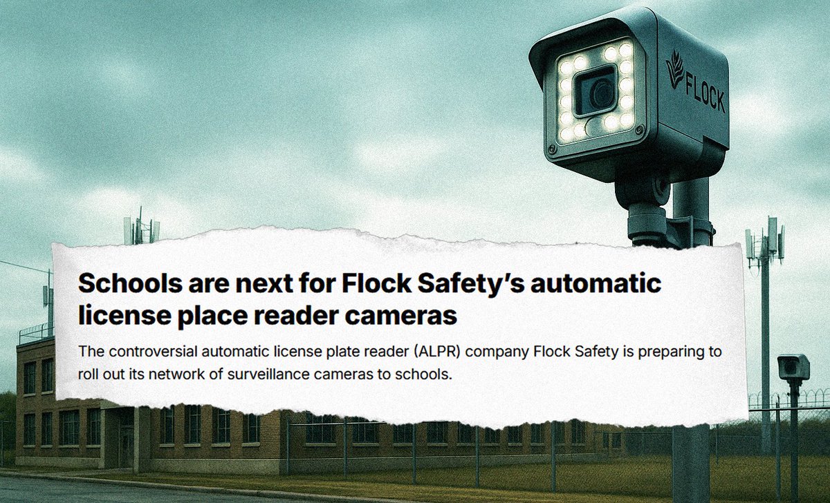 JasonBassler1's tweet image. Flock Safety is expanding its surveillance network to schools, in partnership with a company serving 60,000 campuses.

No parental consent. No student vote. Just the normalization of surveillance at bus stops, parking lots, and outside classrooms.

Your child, their data.