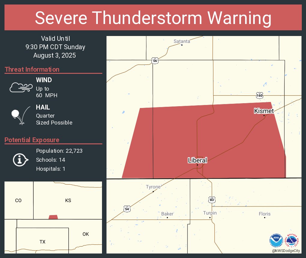 Severe Thunderstorm Warning continues for Liberal KS and  Kismet KS until 9:30 PM CDT