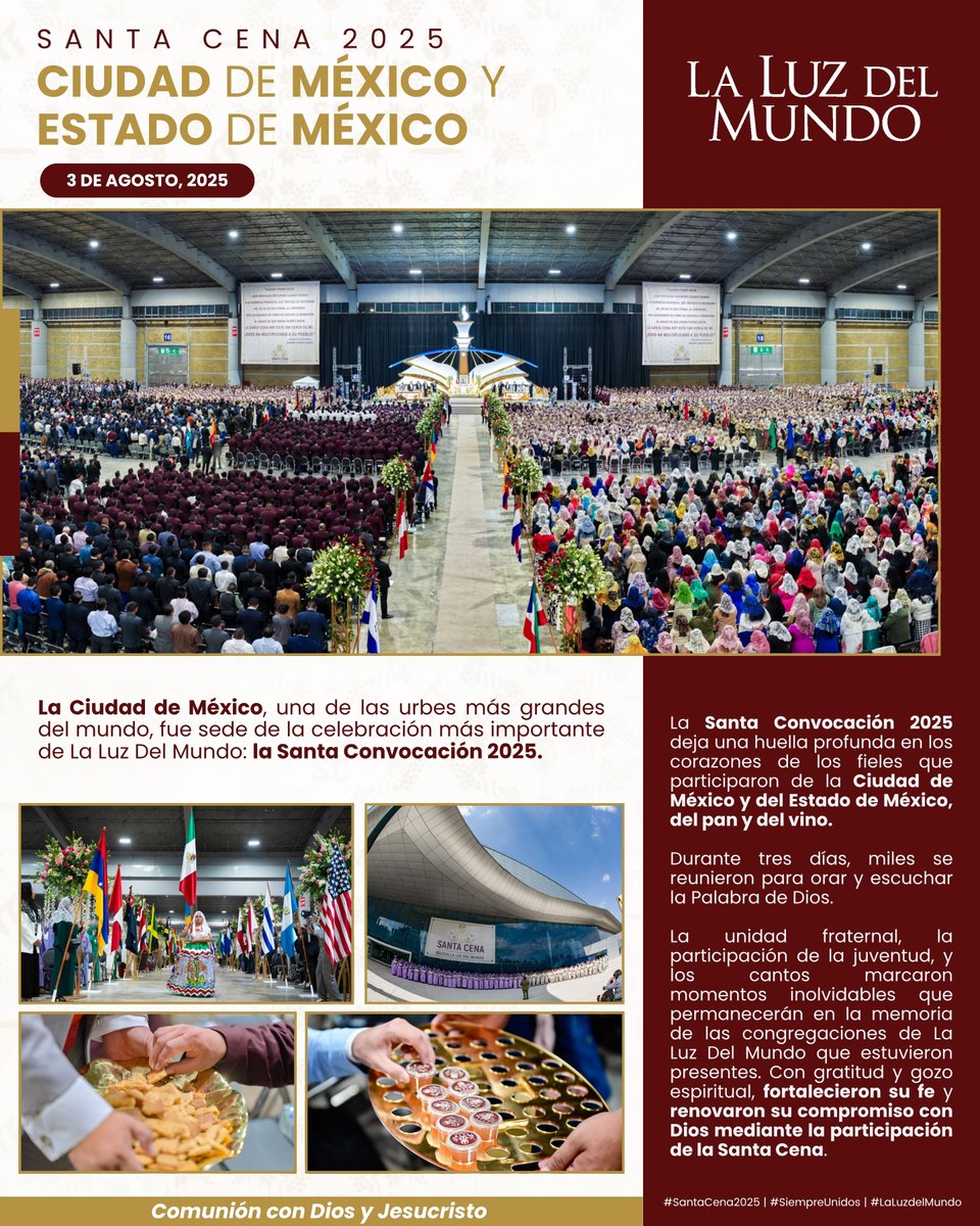 Santa Cena 2025 | Ciudad de México y Estado de México

La Ciudad de México, una de las urbes más grandes del mundo, fue sede de la celebración más importante de La Luz Del Mundo: la Santa Convocación 2025.

#SantaCena2025 | #LaLuzDelMundo | #SantaCenaCDMX