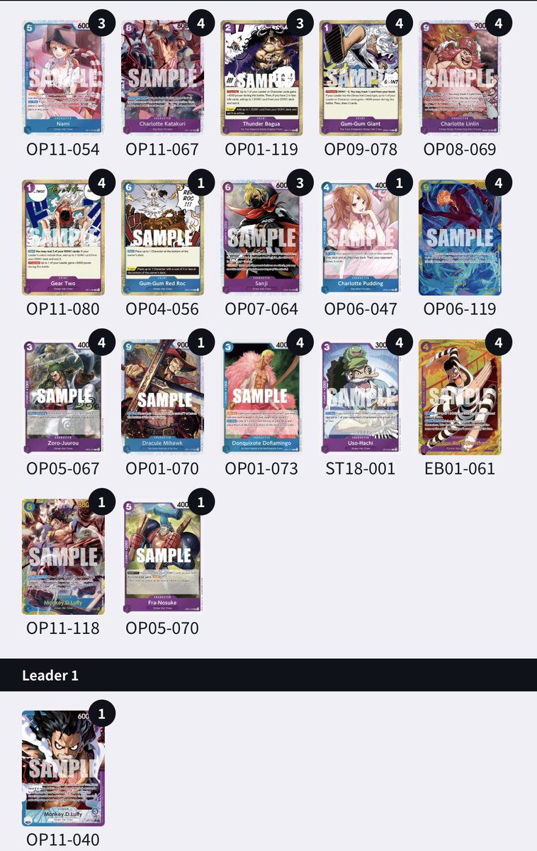 🏆TC Brasil
 3 August

Deck: 🟣🔵 Luffy
Place: Second place 
7-1

Smoker RG✅
Buggy ✅
Lucci✅
Yamato✅
Mirror✅
GP luffy ✅ <a href="/kitoxme/">Marco Morales</a> 
Lucci ✅
Mirror ❌ <a href="/kaidotaila78781/">kaidotailandes</a>