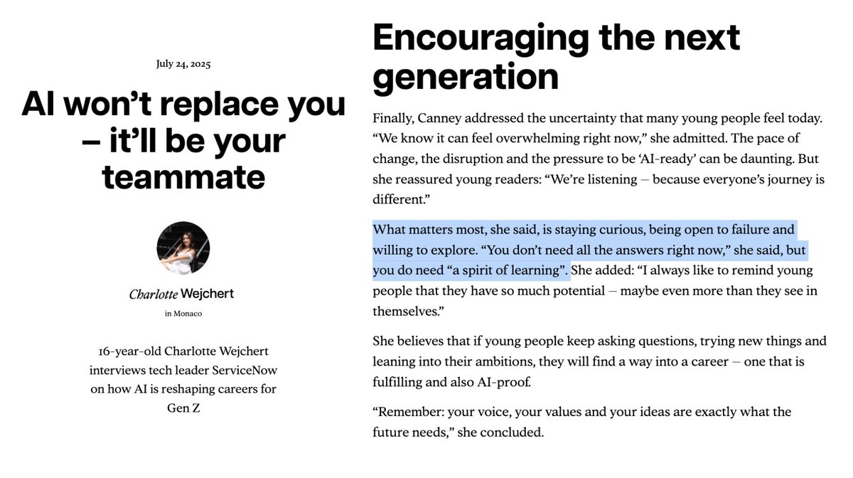 MollySOShea's tweet image. This is wild. 

I just discovered an interview a 16-year-old (!!) published w/ Jacqui Canney, chief people &amp;amp; AI enablement officer at @ServiceNow, a ~$200B public company.. 16!!

bullish on the next generation.

"We all know that AI is transforming jobs worldwide and, with it,…