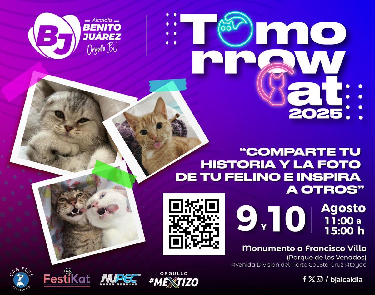 ¡TomorrowCat llega a Benito Juárez! 🐱
Comparte la historia de tu amigo peludo y participa para ganar premios. Envíalos al código QR que aparece acá abajo. 👇🏻
¡No te quedes sin participar! 🐾