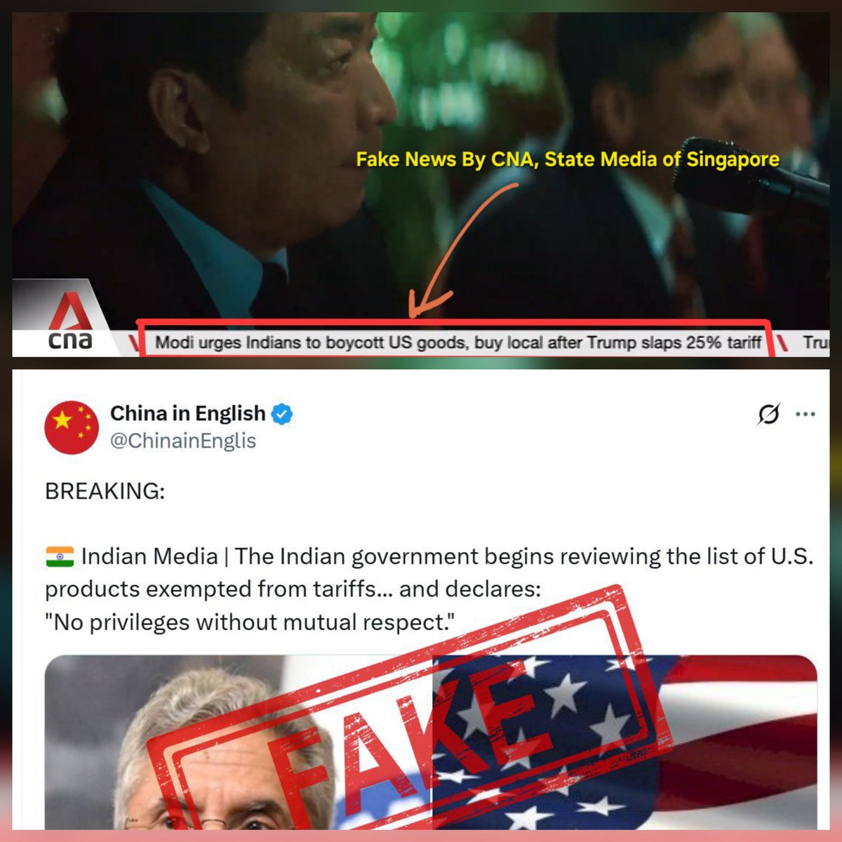 It is now evident all Chinese influenced propaganda media of the world are trying to incite the Trump admin against India to have the US impose more tariffs and break India-US ties. 

PM Modi never said "boycott US goods." India never said "We will tariff US goods." They are