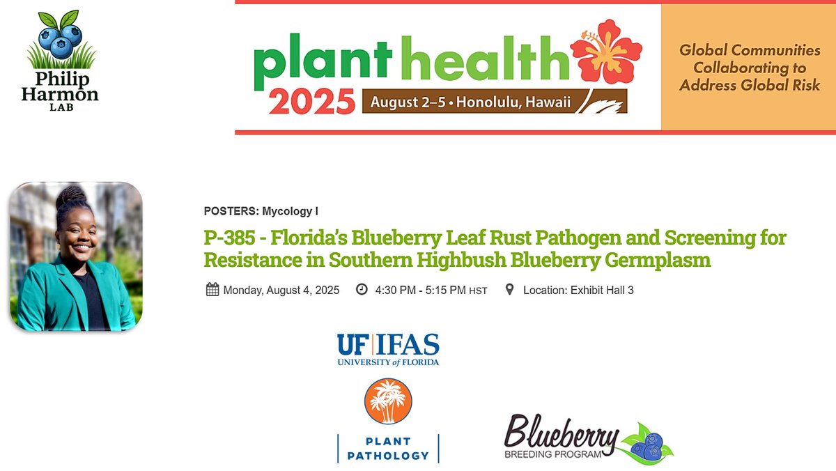 Christ Mane BELIZAIRE (@chrissiebely) on Twitter photo At #PlantHealth2025? Stop by Exhibit Hall 3 tomorrow,4:30–5:15 PM for my poster (P-385) on blueberry leaf rust!
Let’s talk disease challenges,genetic diversity & resistance in🫐.Looking forward to connecting! <a href="/plantdisease/">The American Phytopathological Society</a> <a href="/UFPlantPath/">UF/IFAS Plant Pathology Department</a> #BlueberryResearch <a href="/turfdrman/">Philip Harmon</a> <a href="/ClinicPlant/">Tropical Plant Clinic & Research Lab</a> At #PlantHealth2025? Stop by Exhibit Hall 3 tomorrow,4:30–5:15 PM for my poster (P-385) on blueberry leaf rust!
Let’s talk disease challenges,genetic diversity & resistance in🫐.Looking forward to connecting! <a href="/plantdisease/">The American Phytopathological Society</a> <a href="/UFPlantPath/">UF/IFAS Plant Pathology Department</a> #BlueberryResearch <a href="/turfdrman/">Philip Harmon</a> <a href="/ClinicPlant/">Tropical Plant Clinic & Research Lab</a>