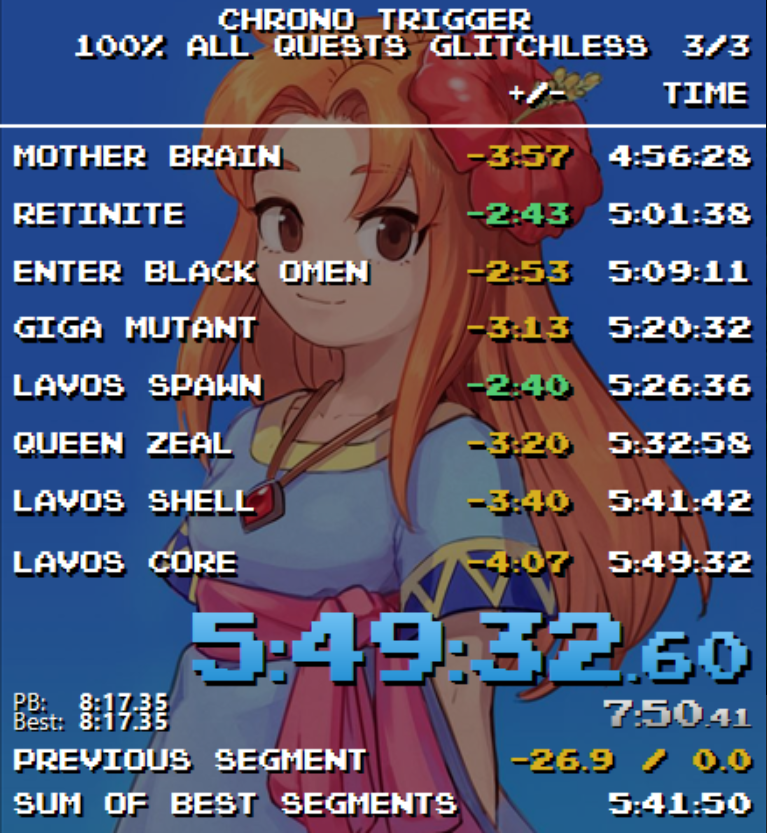 Weeeeeeeee, this run had such an awful early game, and we lost 3 and a half minutes to Magus literally never giving me a fire barrier LOL.  

Sub 5:50 though!