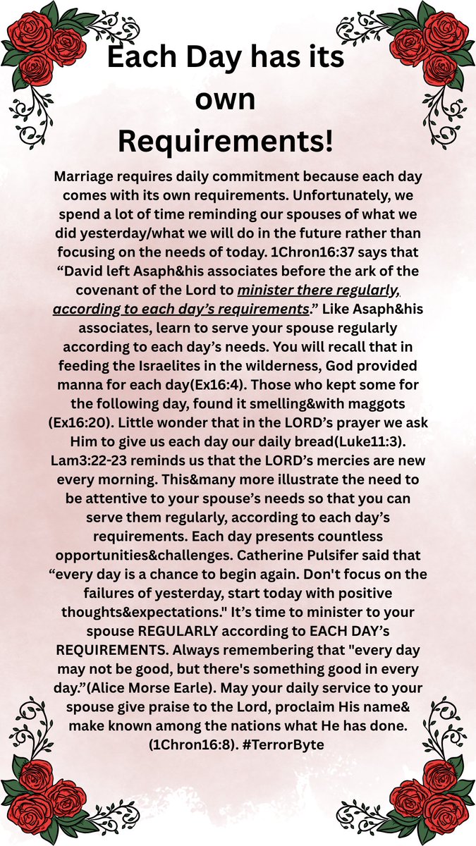 kamuteera's tweet image. Be attentive to your spouse’s needs so that you can serve them regularly, according to each day’s requirements. Each day presents countless opportunities&amp;amp; challenges. Stop serving your spouse with leftovers of yesterday. #TerrorByte