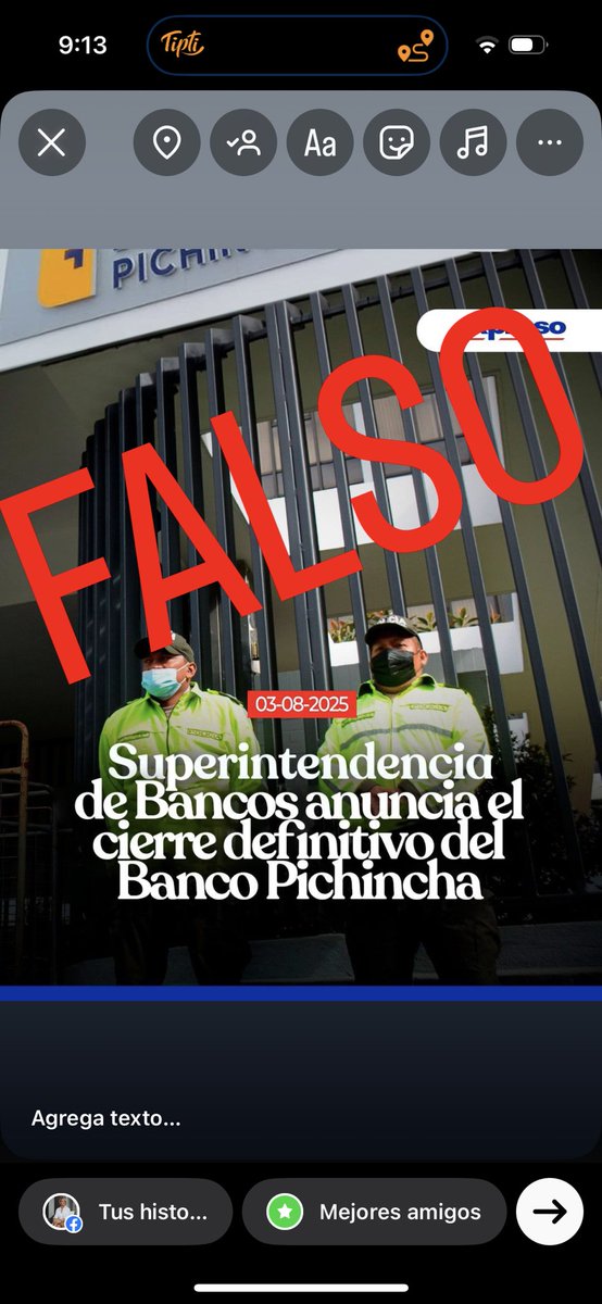 #fakenews 

Ni la Súper de Bancos va a cerrar el Banco Pichincha, ni la noticia ha sido publicada en Diario Expreso o en algún  medio serio.  

Están en una campaña criminal, que busca desestabilizar el sistema bancario. 

Sobre el video en el que se ve que Antonio Acosta,
