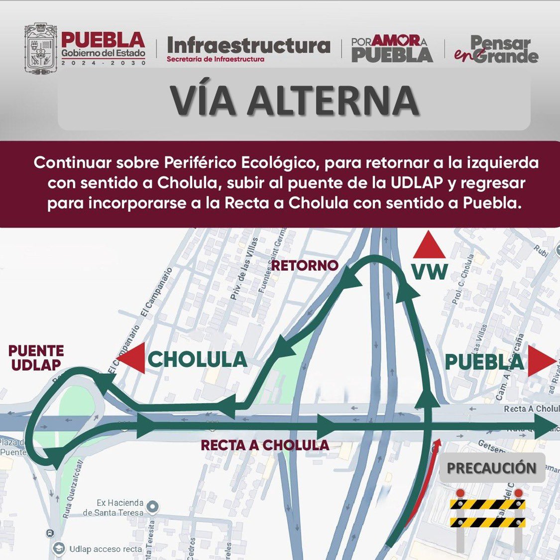 InfraGobPue's tweet photo. 🚨#InfraInforma | 🚧 CIERRE PARCIAL INTERMITENTE EN PERIFÉRICO ECOLÓGICO ALTURA DE LA RECTA SENTIDO A PUEBLA.🚗

 📆 Este lunes 4 de agosto de 2025 a partir de las 10:00 a las 18:00 horas habrá cierre intermitente en la incorporación a la Recta sentido a Puebla, por trabajo y maniobra con maquinaria.

🚙 🚛 Si viajas sobre Periférico Ecológico sentido a VW y quieres ir al Centro de Puebla por la Recta a Cholula, podrás retornar más adelante para incorporarte sentido a Cholula, subir el Puente de la UDLAP y bajar a la Recta para seguir en dirección a Puebla. 

🚦La segunda opción es incorporarse por Camino Real a Cholula con dirección a Calzada Zavaleta.

La dependencia exhorta a las y los automovilistas a manejar con precaución y respetar al personal que se encuentra laborando. 

Las molestias son temporales, los beneficios para siempre.

#PorAmorAPuebla
#PensarEnGrande

@SicomNoticias_