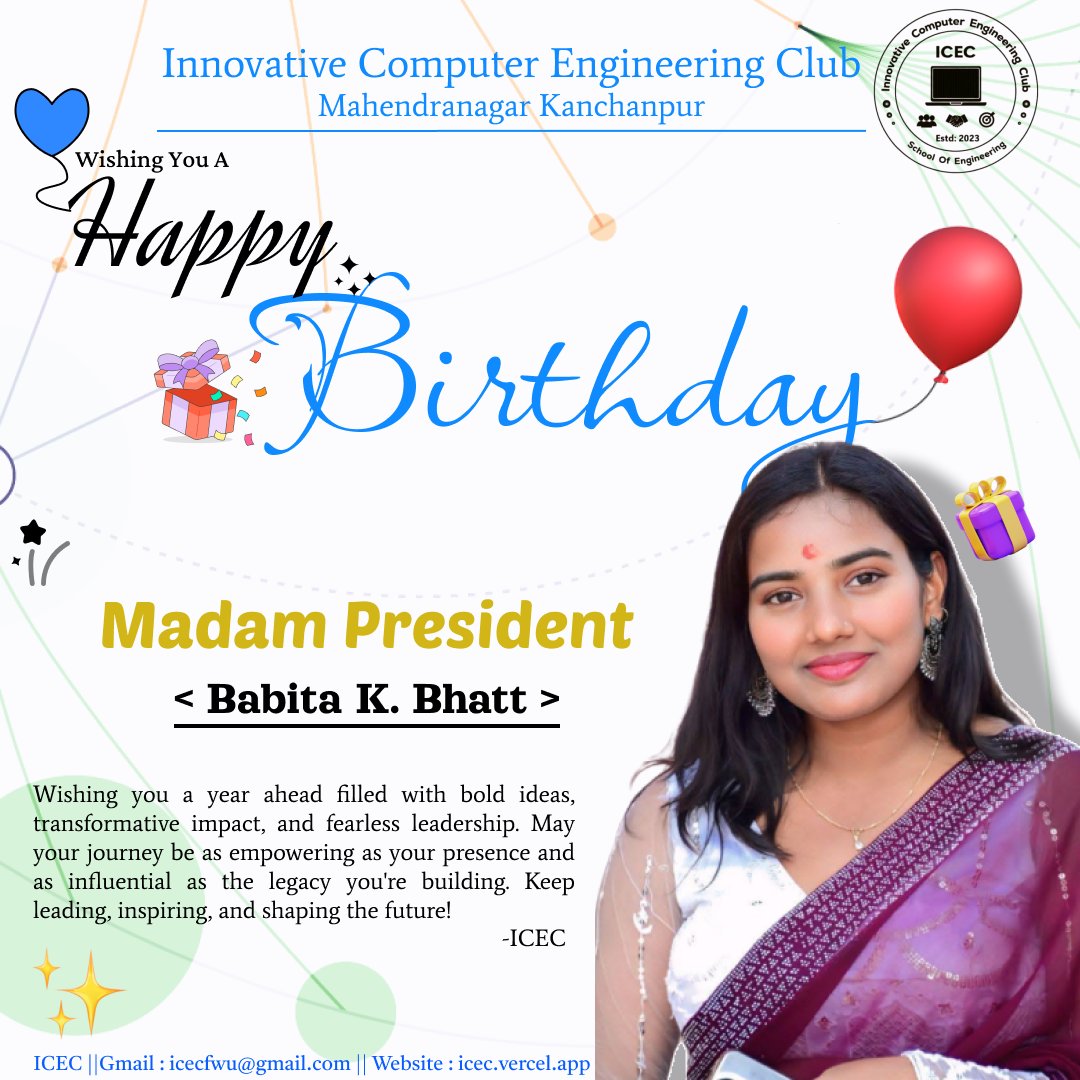 icecfwu's tweet photo. Happy Birthday to our inspiring President Babita! π Your leadership drives iCEC forward every day. Wishing you a year full of success and new milestones! π #iCECClub https://t.co/XyxGFl2dfB