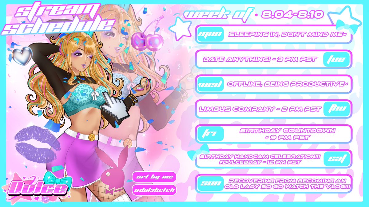 LasercutLegends's tweet photo. HAPPY BIRTHDAY WEEK TO ME!! Help me celebrate by using #DulceBDay in your messages~
WE'RE SO BACK
Art: #dulsketch
NSFW: #lewdulce
Live: #dulcelive
Clips: #dulclips
Meme: #dulcentertain
Thumbnails: #dulcenails
Asset: #dulcsets
Shop: https://t.co/tW4zsGPtcY https://t.co/XFCoC0LTRY