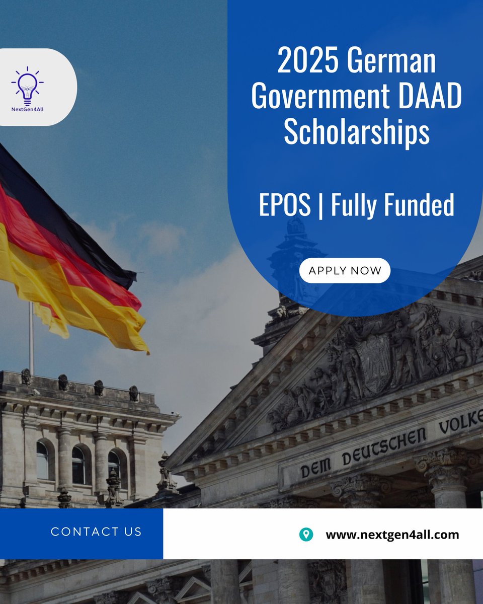 nextgen4all's tweet photo. 🎓 2025 German Government DAAD Scholarships (EPOS Program) | 🇩🇪 Germany
📢 Applications are now open!
The German Academic Exchange Service (DAAD) is offering fully funded scholarships for international students to pursue Development-Related Master's and PhD programs in Germany.
🎯 Scholarship Benefits:
✅ 100% Tuition Fee Coverage
💶 Monthly Stipend of €1,300
🏠 Free Accommodation
✈️ Travel Allowance (Airfare)

🌍 Eligible Countries: All
🎓 Level: Master's & PhD
📅 Deadline: Varies by Program

📌 Apply via DAAD Portal:
👉 https://t.co/LFRTM83yZC
Boost your career and contribute to global development by studying in one of Europe’s leading education systems!
#NextGen4All #DAADScholarship #StudyInGermany #EPOS2025 #DevelopmentStudies #HigherEducation #Masters2025 #PhD2025 #GlobalScholarships #GermanGovernmentScholarships