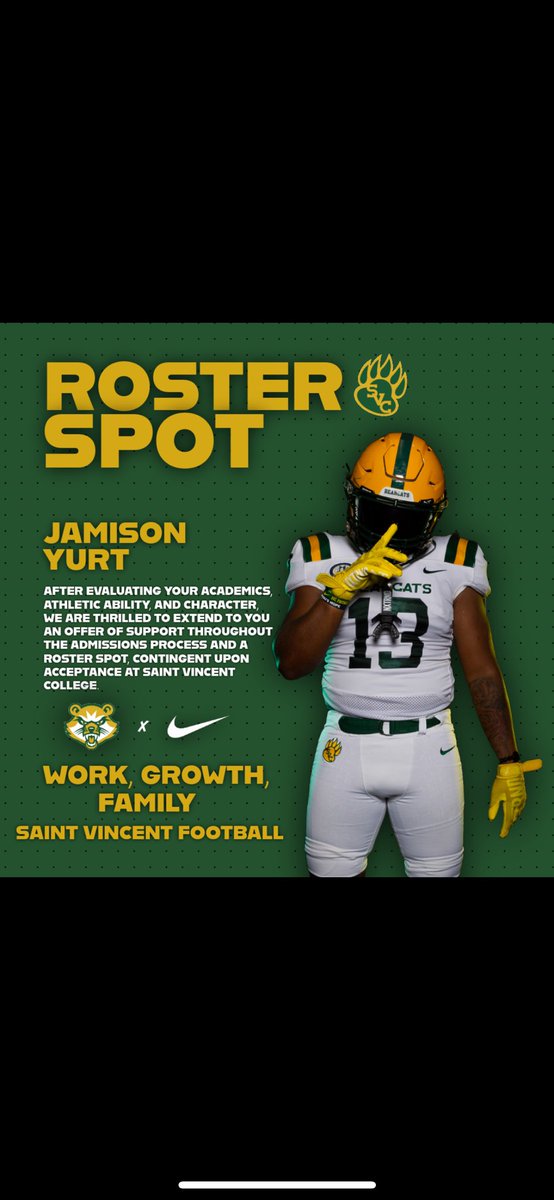 After a great conversation with <a href="/CoachCGoff/">𝐂𝐚𝐬𝐞𝐲 𝐆𝐨𝐟𝐟</a>  I am honored to have received a roster spot offer from Saint Vincent College. Go Bearcats! <a href="/CoachJohnstonOL/">Chace Johnston</a> <a href="/SVC_FTBL/">Saint Vincent College Football</a> <a href="/ptwarriorfb/">PennTraffordFootball</a>