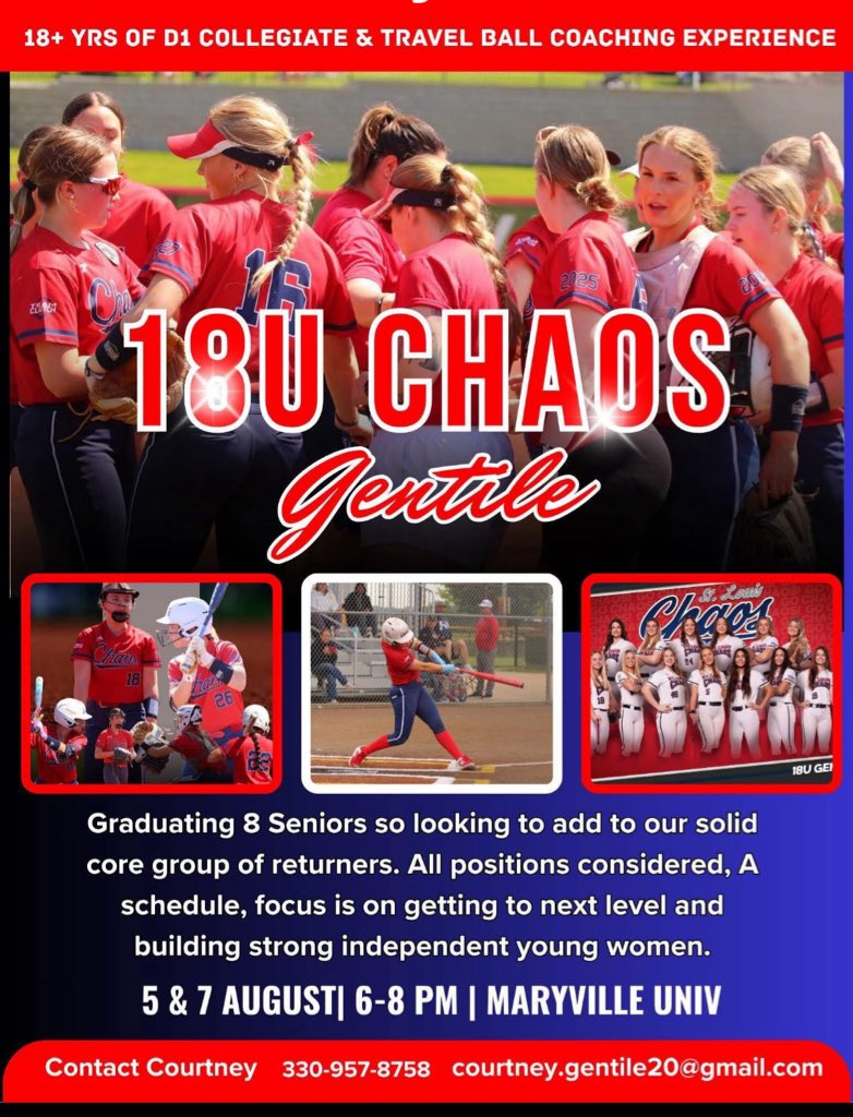 Mark your calendars for this Tuesday and Thursday. If you are unable to attend our final tryout dates, kindly contact Courtney Gentile to arrange a private tryout at your convenience. We are excited to see you there. Go Chaos!! #ChaosUKnow <a href="/StLChaos/">StL Chaos</a>