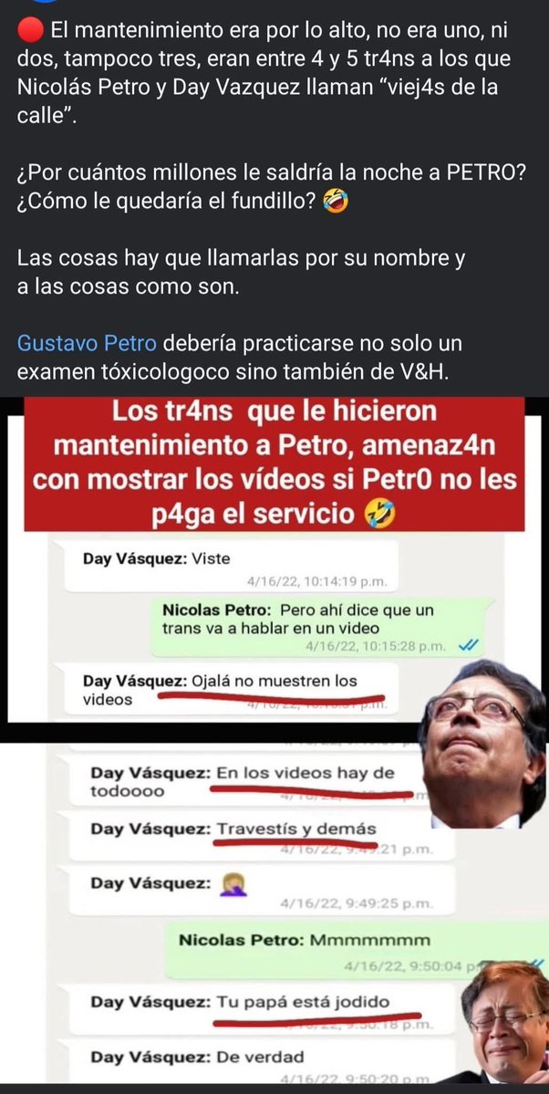 El drogo de la casa de Nariño el lunes después de que se le pase la traba y la pea que tiene, es que nos va a llenar el Twiter de trinos contra Vicky y de todos que hemos rechazado su conducta homosexual, negando todo.

Los colombianos no merecemos estar gobernado por Petro.
