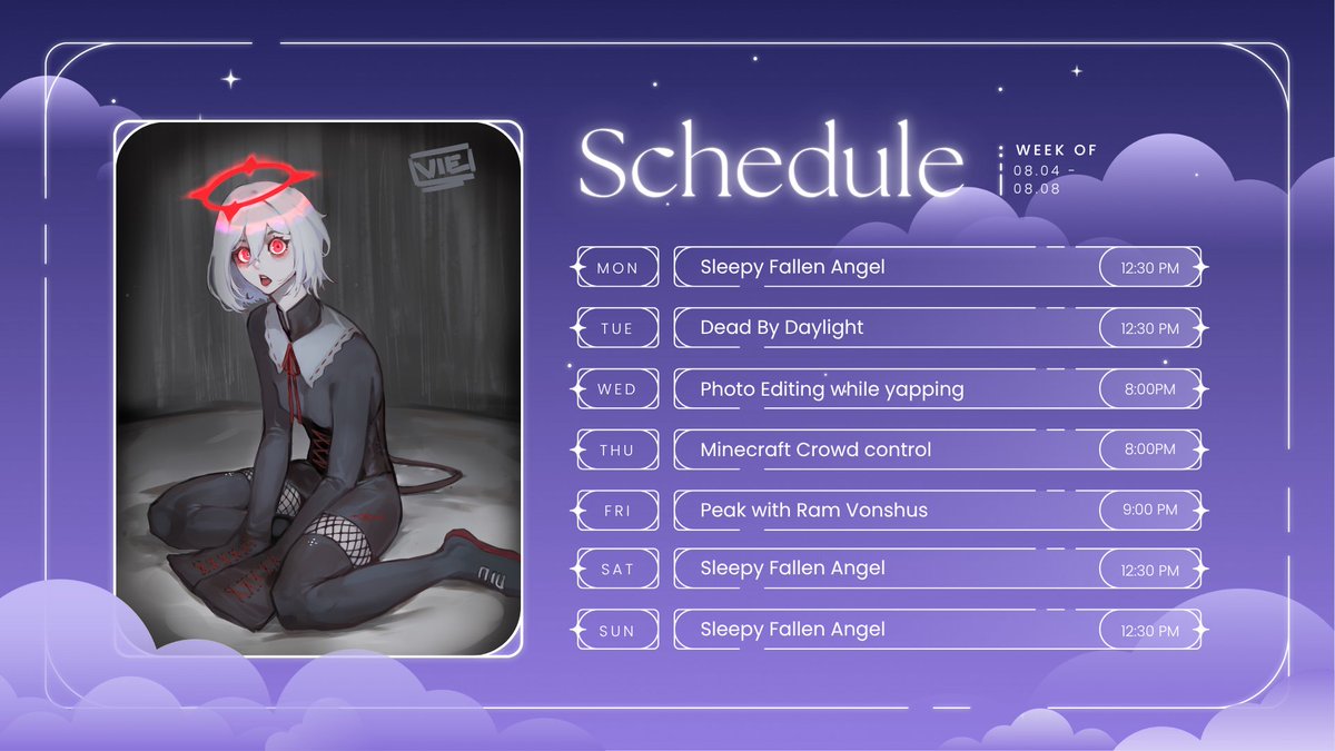 Here is this week schedule!
i messed up and forgot to change the time on the tuesday slot, I would like to have a full slot in dbd so if you want to join do dm me!

If you would like to know what time this is in your timezone consider joining the discord! I have a channel that