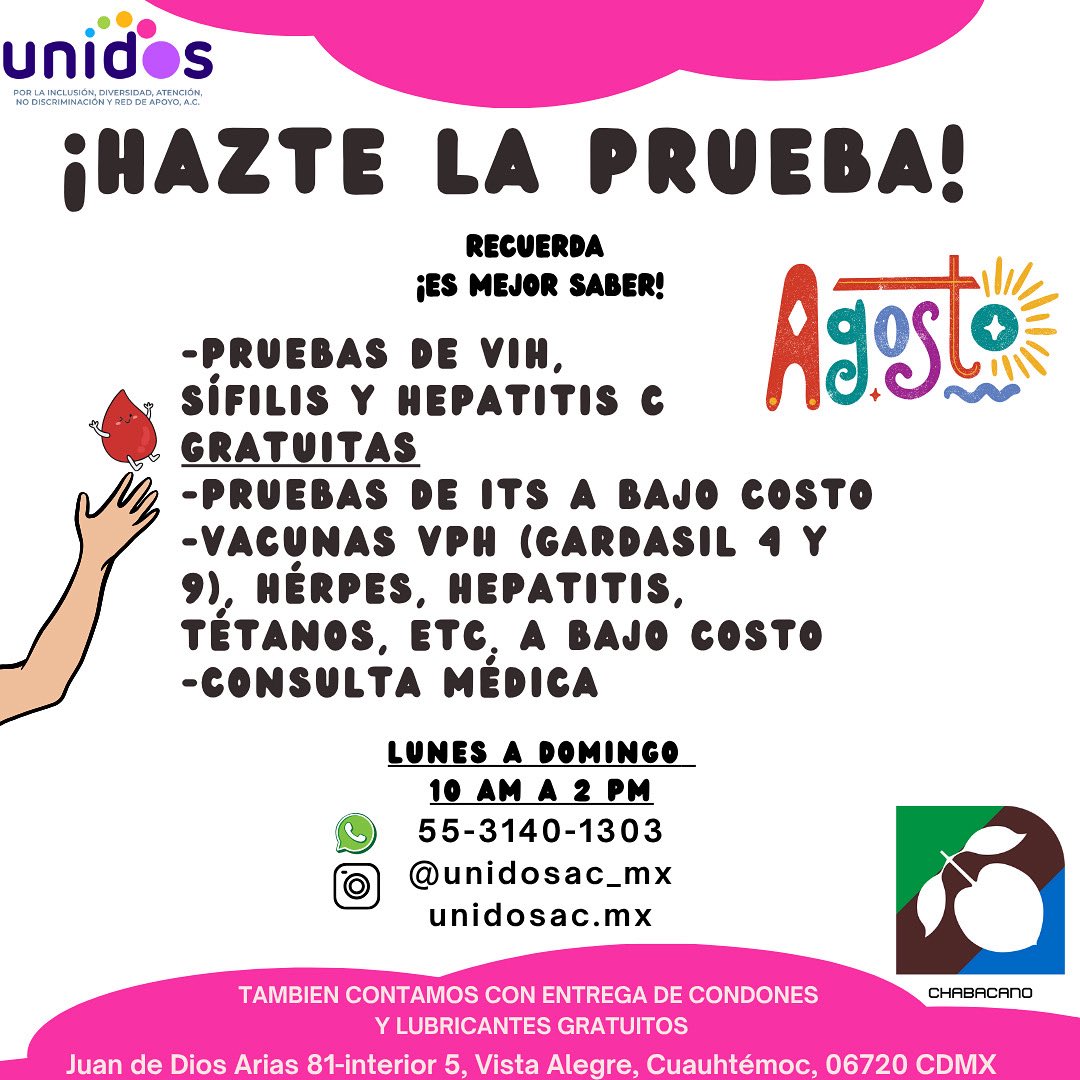 Durante todo el mes de AGOSTO 🏳️‍🌈 te esperamos de lunes a domingo de 10 am a 1:45 pm SIN CITA para pruebas rápidas de ITS de APORTACIÓN VOLUNTARIA (VIH, SÍFILIS Y HEPATITIS C), te recordamos que tu aportación no tiene un mínimo y nos ayuda a seguir brindando servicios gratuitos y