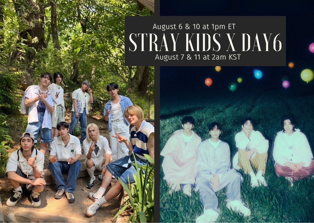 🎶 STREAMING PARTY COLLAB 🎶

MY DAYS &amp; STAYS 📢📢

Join us on <a href="/STATIONHEAD/">STATIONHEAD</a> for a collab w <a href="/SundayswithSKZ/">Sundays with SKZ</a>

📌 07.08 @ 2AM KST
▶️ Stationhead.com/sundayswithskz

📌 11.08 @ 2AM KST
▶️ Stationhead.com/day6stream
 
#DAY6 #데이식스 <a href="/day6official/">DAY6</a>
#StrayKids <a href="/Stray_Kids/">Stray Kids</a>