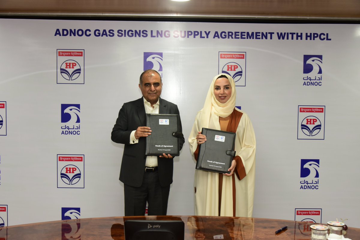 HPCL's tweet photo. Powering India’s Energy Future! 

HPCL has signed a long-term Heads of Agreement (HOA) with Abu Dhabi Gas Liquefaction Company (ALNG), a subsidiary of ADNOC Gas, for 10-year LNG supply, marking a major step towards energy security and cleaner energy transition.

The LNG will be delivered at the newly commissioned Chhara LNG Terminal, Gujarat, strengthening HPCL’s diversified and resilient energy portfolio.
A strategic milestone towards reliability, affordability, and sustainability in India's energy landscape.

#HPCL #EnergySecurity #ADNOCGas #ALNG #CleanEnergy 

@HardeepSPuri 
@PetroleumMin 
@ADNOCGas 
@CMD__HPCL