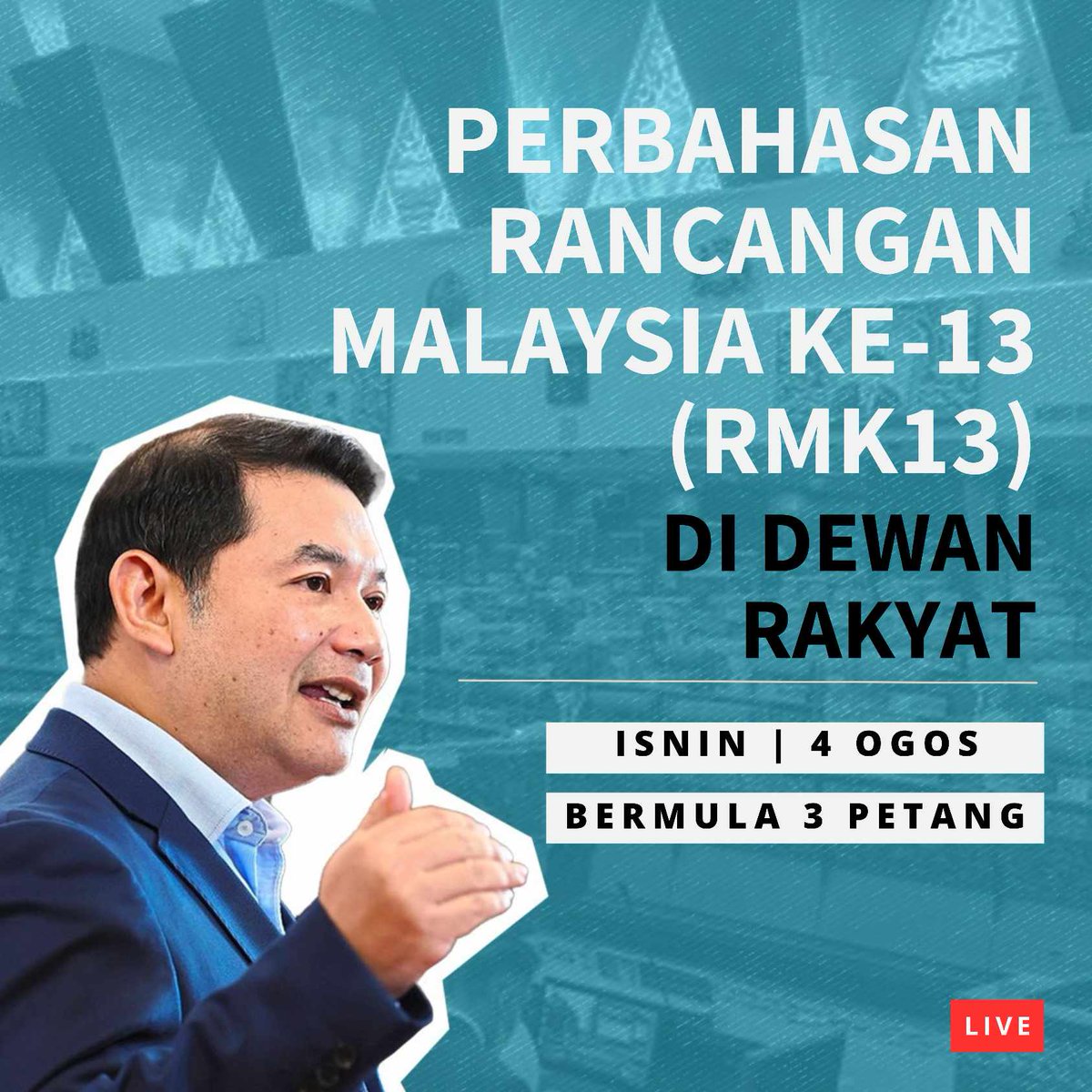 𝗣𝗘𝗥𝗕𝗔𝗛𝗔𝗦𝗔𝗡 𝗥𝗠𝗞𝟭𝟯 𝗛𝗔𝗥𝗜 𝗜𝗡𝗜

Saya akan mengambil bahagian dalam sesi perbahasan Rancangan Malaysia Ke-13 (RMK13) di Parlimen yang akan berlangsung hari ini bermula jam 3 petang.

Beberapa isu utama akan disentuh, termasuk hala tuju ekonomi negara, keutamaan